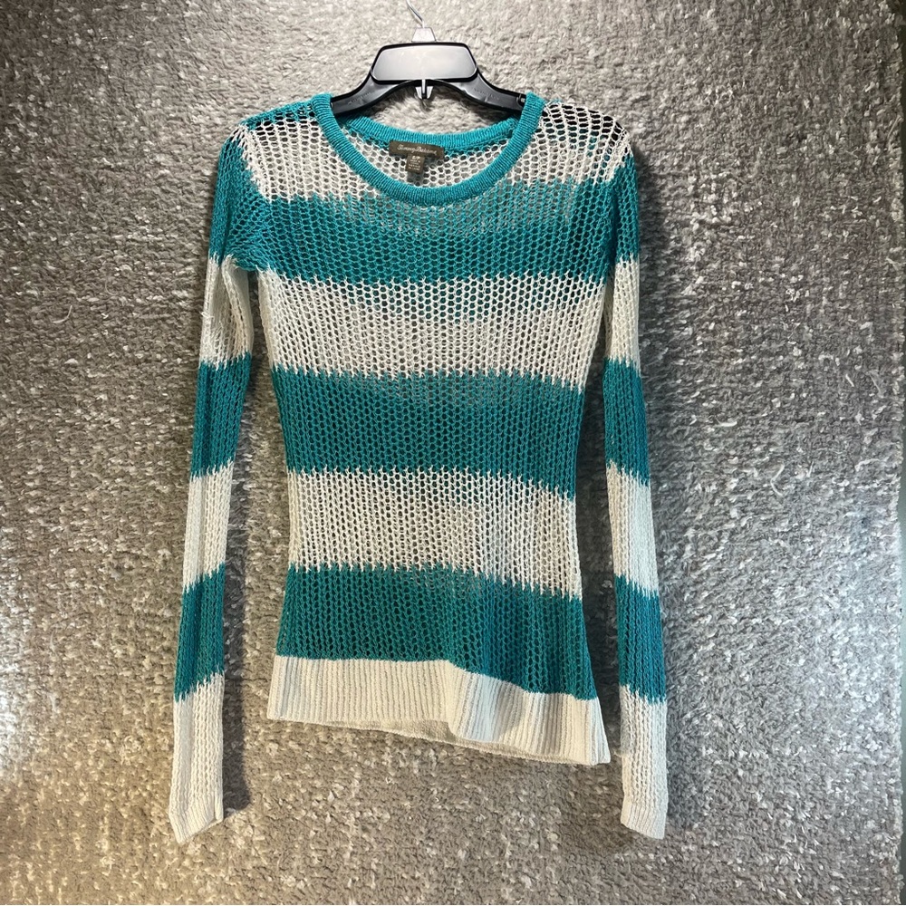 TOMMY BAHAMA White and Teal Green Striped Open Knit‎ Mesh Sweater Small